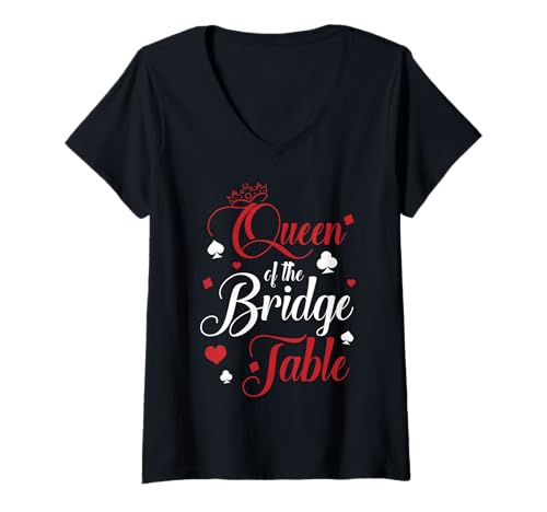 Damen Queen Of The Bridge Table Player Card Game T-Shirt mit V-Ausschnitt von Bridge Kartenspiel Designs Spieler Idee