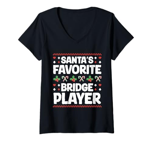 Damen Santas Favorite Bridge Player Card Game Xmas Christmas T-Shirt mit V-Ausschnitt von Bridge Kartenspiel Designs Spieler Idee
