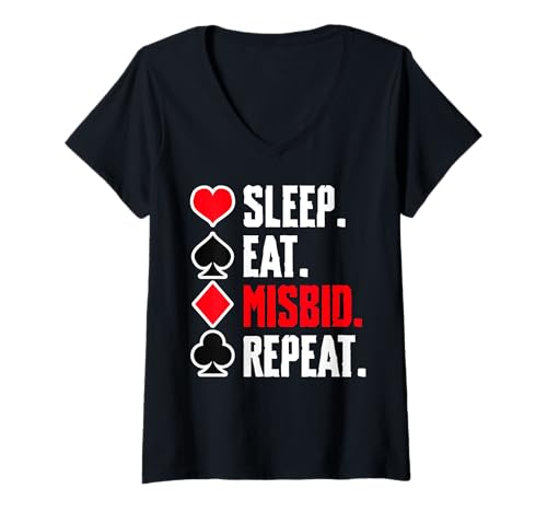 Damen Sleep Eat Misbid Repeat Bridge Player Card Game T-Shirt mit V-Ausschnitt von Bridge Kartenspiel Designs Spieler Idee