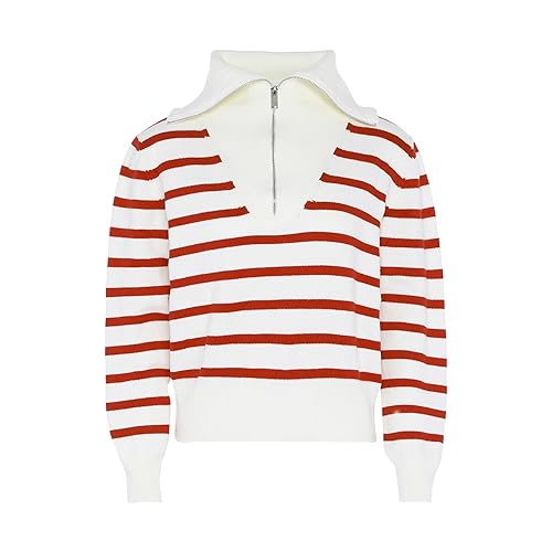 Bridgeport Women's Damen Gestreifter Strickpullover mit halbem Reißverschluss Wollweiss Rot Größe XL/XXL Pullover Sweater von bridgeport