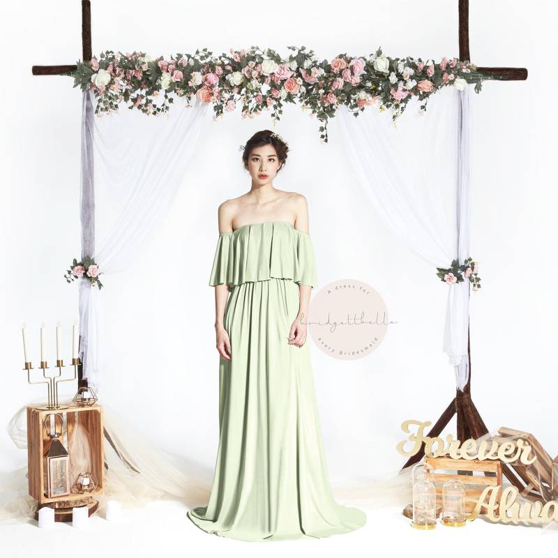 Bb Acadia in Sage Green 2 Way Off Die Schulter Boden Länge Cabrio Boho Brautjungfer Maxi Kleid Hochzeit Abendkleid von Bridgettbe11e