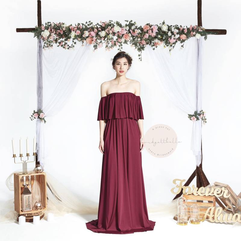 Bb Acadia in Weinrot 2-Wege-Weg Der Schulter Bodenlangen Cabrio Boho Brautjungfer Maxi Kleid Hochzeit Abschlussballkleid von Bridgettbe11e