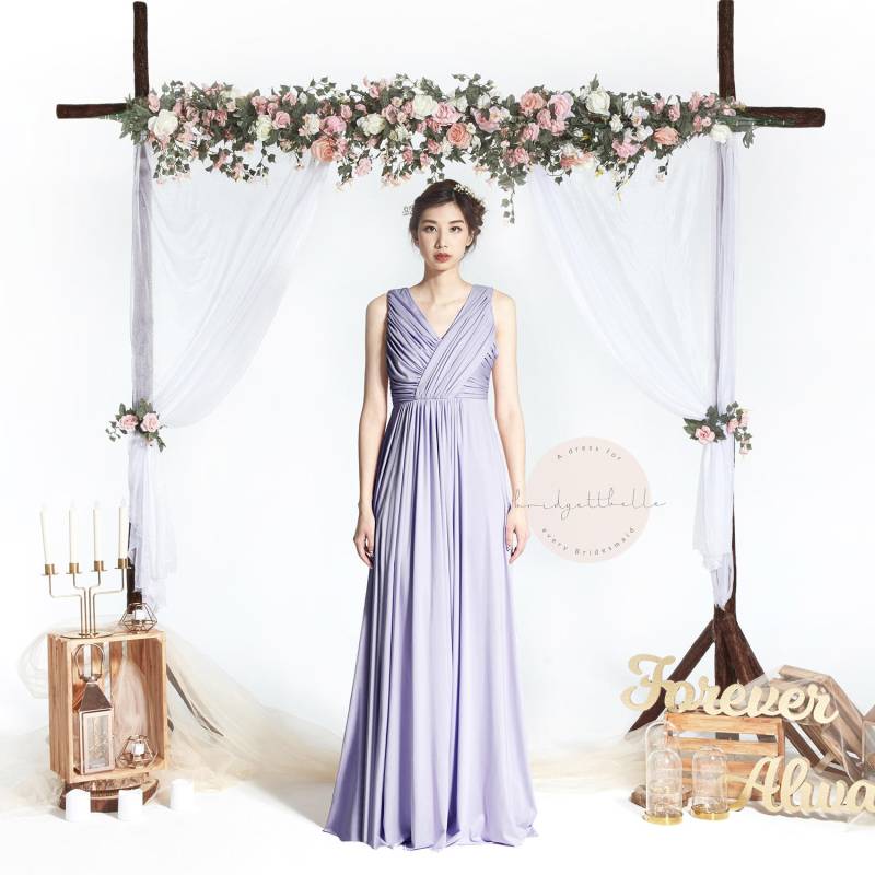 Bb Blair in Mauve Dusty Purple V-Ausschnitt Drapieren Bodenlange Boho Brautjungfer Maxikleid Hochzeit Abendkleid von Bridgettbe11e
