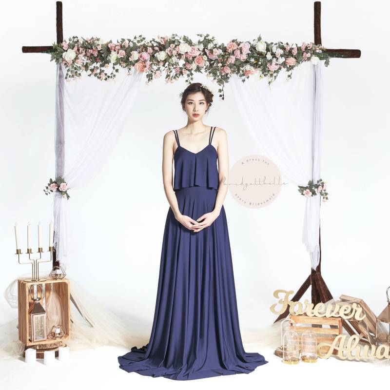 Bb Cadee in Navy Blue Riemchen Bodenlangen Cabrio Kleid Boho Brautjungfer Maxi Hochzeit Abendkleid von Bridgettbe11e