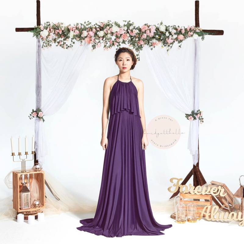 Bb Faithe in Aubergine Dunkel Lila Halter Bodenlangen Boho Brautjungfer Maxi Kleid Hochzeit Abendkleid von Bridgettbe11e