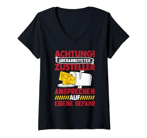Damen Briefträger Achtung ÜBERARBEITETER Zusteller Paketzusteller T-Shirt mit V-Ausschnitt Damen Briefträger Achtung ÜBERARBEITETER Zusteller Paketzusteller T-Shirt mit V-Ausschnitt von Briefträger Shirt Postboten Outfit Paketzusteller