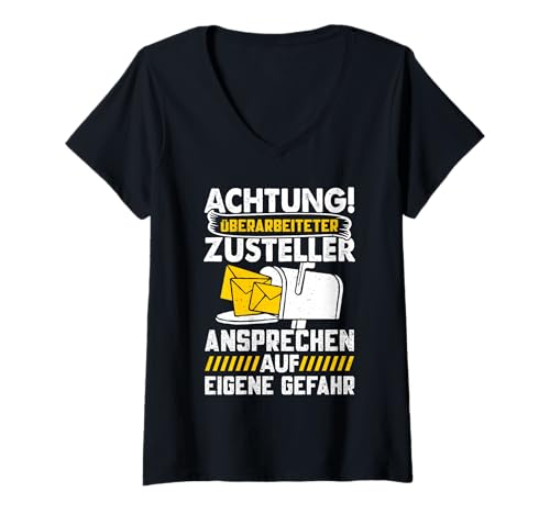 Damen Briefträger Achtung ÜBERARBEITETER Zusteller Paketzusteller T-Shirt mit V-Ausschnitt Damen Briefträger Achtung ÜBERARBEITETER Zusteller Paketzusteller T-Shirt mit V-Ausschnitt von Briefträger Shirt Postboten Outfit Paketzusteller
