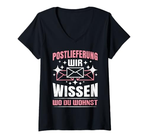 Damen Postboten POSTLIFERUNG WIR WISSEN WO DU WOHNST Postboten T-Shirt mit V-Ausschnitt Damen Postboten POSTLIFERUNG WIR WISSEN WO DU WOHNST Postboten T-Shirt mit V-Ausschnitt von Briefträger Shirt Postboten Outfit Paketzusteller