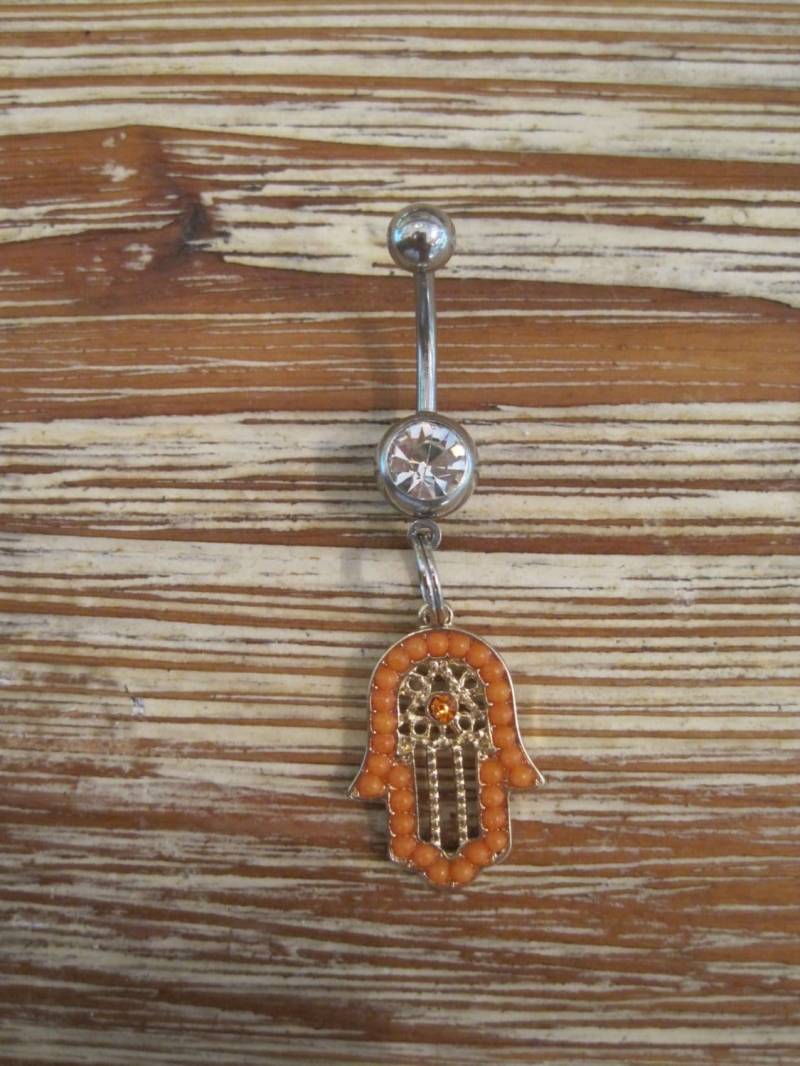 Bauchnabel Ring - Körper Schmuck Orange Perlen Hamsa Hand Mit Klarem Edelstein von BriellesJewels
