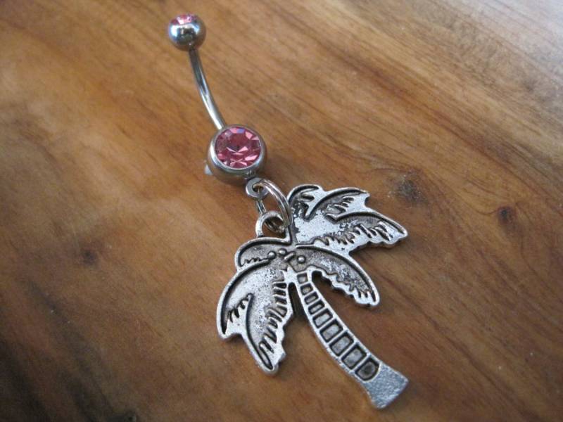 Bauchnabel Ring - Körperschmuck Silber Palme Mit Doppelten Rosa Edelsteinen von BriellesJewels