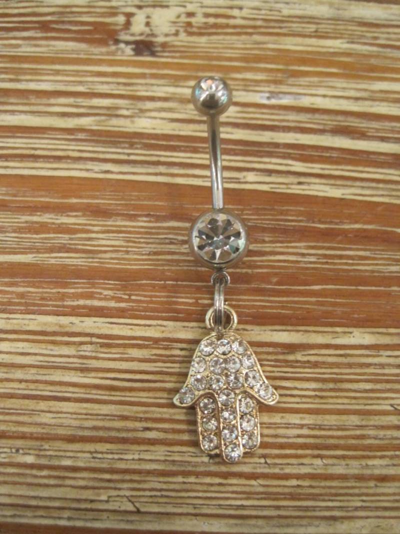 Bauchnabel Ring - Körperschmuck Strass Gold Hamsa Hand Mit Doppelten Klaren Edelsteinen von BriellesJewels