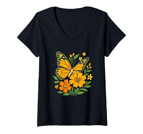 Damen Schmetterling und Blüte Garten Natur Kunst Grafik T-Shirt mit V-Ausschnitt von Bright Butterfly and Floral Garden Apparel