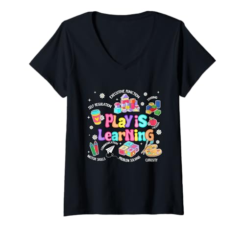 Damen Shine Colorful Play is Learning Teacher T-Shirt mit V-Ausschnitt von Bright Designs Fun Educational for Teachers