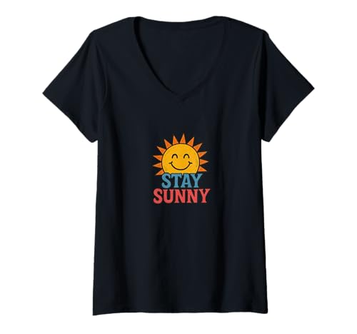 Damen Bleib sonnig Positiv Aufmunternd Retro Happy Sunshine T-Shirt mit V-Ausschnitt Damen Bleib sonnig Positiv Aufmunternd Retro Happy Sunshine T-Shirt mit V-Ausschnitt von Bright Horizon Vibes Emporiums