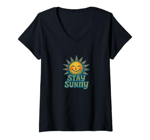 Damen Bleib sonnig Positiv Aufmunternd Retro Happy Sunshine T-Shirt mit V-Ausschnitt Damen Bleib sonnig Positiv Aufmunternd Retro Happy Sunshine T-Shirt mit V-Ausschnitt von Bright Horizons Vibes Emporiums