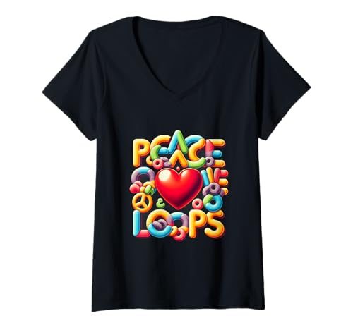 Damen Bunte Peace Love Müsli-Energie T-Shirt mit V-Ausschnitt Damen Bunte Peace Love Müsli-Energie T-Shirt mit V-Ausschnitt von Bright Loops Vibe