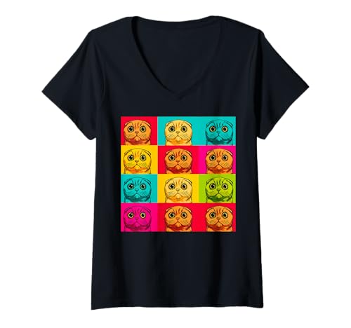 Damen Scottish Fold Cat Buntes Pop-Art-Design T-Shirt mit V-Ausschnitt von Bright Pet Portrait Studio