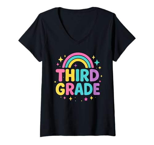 Damen Rainbow Back To School Lehrerkinder der dritten Klasse T-Shirt mit V-Ausschnitt von Bright Rainbow Stars Learning Fun Style