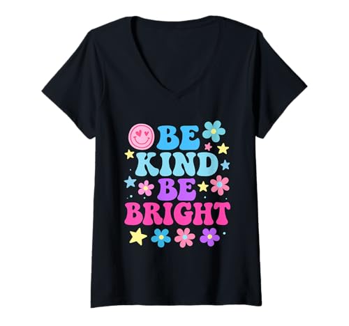 Damen Be Kind Be Bright - Colorful Retro Cute Positive Vibes Kids T-Shirt mit V-Ausschnitt von Bright Smiles Positive Vibes Retro Designs Co.