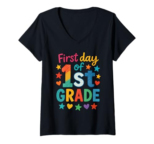 Damen Erster Tag der 1. Klasse Rainbow Back to School T-Shirt mit V-Ausschnitt von Bright Stars First Grade Magic Styles