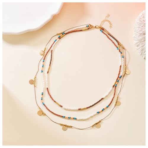 BrightGlow 3er-Set Boho Bunte Perlenkette Kette Saatgut Sommer Strand Boho-Perlen-Halskette Geschichtet Vintage Winzigen Perlen Kette Modische Halskette Handgefertigter Schmuck Bunt von BrightGlow