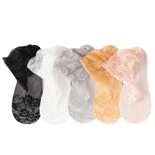 BrightGlow 5 Paar Damen Spitzen Socken Kurze Feinstrumpfsöckchen Knöchel Mesh Spitzensocken Durchsichtige Socken Atmungsaktiv Seidenstrümpfe Ultra Dünn Damensocken Bunt Einheitsgröße von BrightGlow