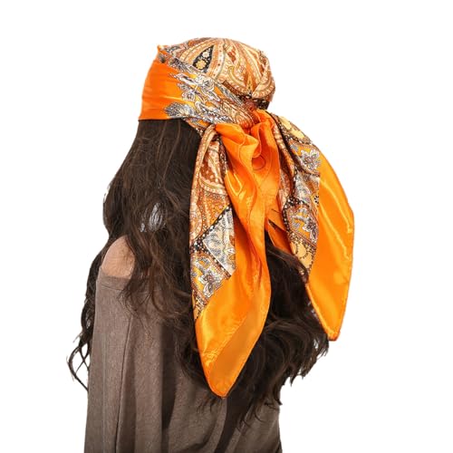 BrightGlow Bandana Damen 90x90cm Seide Gefühl Schals Quadratisches Satin-Kopftuch Elegant Seidenschal Kopftücher Tuch Haare Damen Sommer Haarschmuck zum Binden Seidentuch Haare Orange von BrightGlow