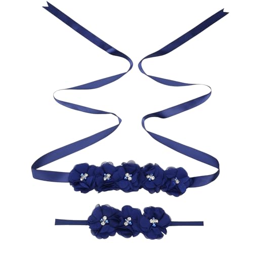 BrightGlow Blumengürtel Stirnband Set Schwangerschaftsschärpe Hochzeitskleid Gürtel Perlen Strass Baby Shower Schärpe Gürtel Fashion Damen Blume Hochzeit Gürte Stirnband Kleid Gürtel Set Marineblau von BrightGlow