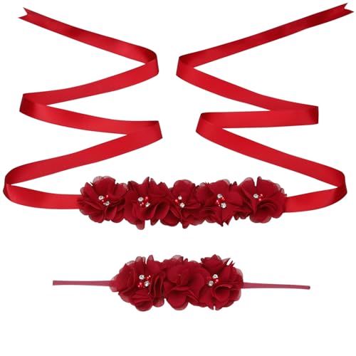 BrightGlow Blumengürtel Stirnband Set Schwangerschaftsschärpe Hochzeitskleid Gürtel Perlen Strass Baby Shower Schärpe Gürtel Fashion Damen Blume Hochzeit Gürte Stirnband Kleid Gürtel Set Rot von BrightGlow