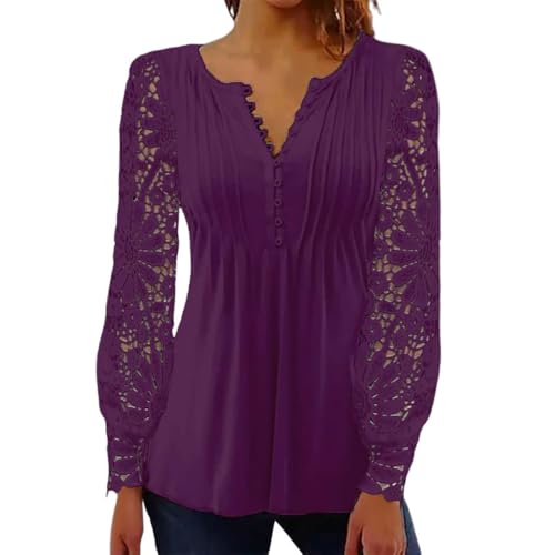 BrightGlow Damen Bluse V Ausschnitt Spitzenärmel Langarmshirt Damen Blusen Frühling Spitze Lässige Spitzen Oberteile Elegant Tunika Langarmshirt Casual Bluse Longsleeve Top Lila#4 L von BrightGlow