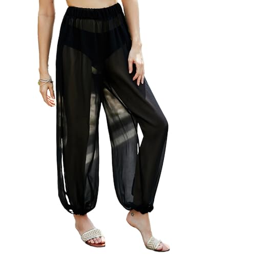 BrightGlow Damen Chiffon-Hose mit Hoher Taille Strandhose Seitenschlitz Durchsichtig Lang Sommerhose Elegante Hose Mesh Strand Badeanzug Split Oberschenkel Überziehhose für Damen Schwarz M von BrightGlow