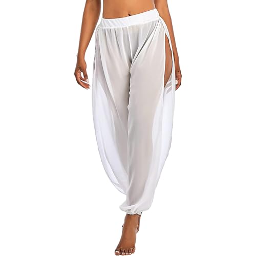 BrightGlow Damen Chiffon-Hose mit Hoher Taille Strandhose Seitenschlitz Durchsichtig Lang Sommerhose Elegante Hose Mesh Strand Badeanzug Split Oberschenkel Überziehhose für Damen Weiß L von BrightGlow
