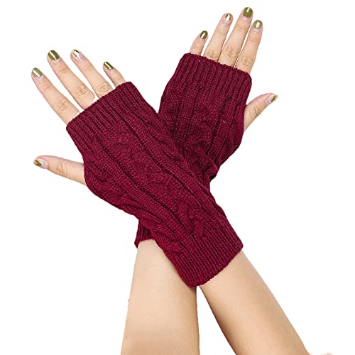 BrightGlow Damen Fingerlose Handschuhe Winter Strickhandschuhe Warm Halb Fingerlose Handschuhe Rutschfeste Handschuhe Kurze Winter Halb Handstulpen Unisex Halbfinger Handschuhe Burgunderrot Erwachsene von BrightGlow
