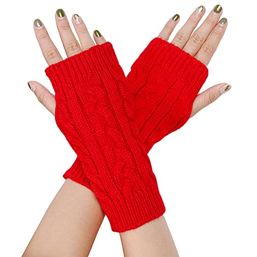 BrightGlow Damen Fingerlose Handschuhe Winter Strickhandschuhe Warm Halb Fingerlose Handschuhe Rutschfeste Handschuhe Kurze Winter Halb Handstulpen Unisex Halbfinger Handschuhe Rot Erwachsene von BrightGlow