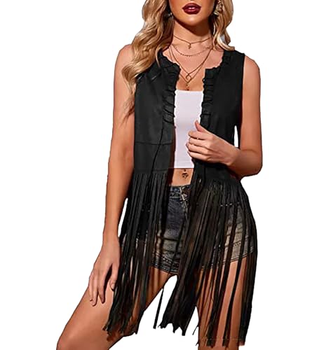 BrightGlow Damen Fransen Weste 70er Jahre Hippie-Weste ärmellose Jacke Vintage Damenweste mit Fransen Wildleder Lange Weste Quasten Cardigan Fransenweste für Karneval Faschingskostüme Schwarz M von BrightGlow