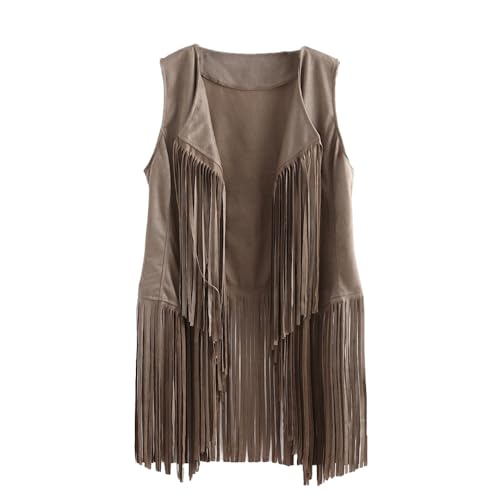 BrightGlow Damen Fransen Weste 70er Jahre ärmellose Weste Vintage Hippie Jacke Weste Lange Weste mit Quasten Fransen-Weste Cardigan Hippie Gilet Weste für Frauen Hippie Kostüm Beige M von BrightGlow