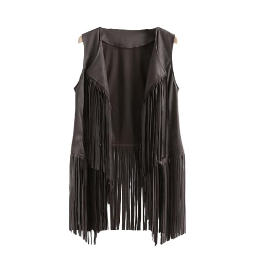 BrightGlow Damen Fransen Weste 70er Jahre ärmellose Weste Vintage Hippie Jacke Weste Lange Weste mit Quasten Fransen-Weste Cardigan Hippie Gilet Weste für Frauen Hippie Kostüm Grau M von BrightGlow