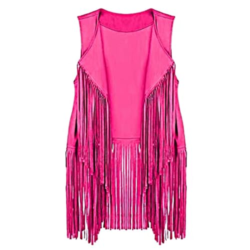 BrightGlow Damen Fransen Weste 70er Jahre Ärmellose Vintage Hippie Jacke Lange mit Quasten Cardigan Gilet für Frauen Kostüm Rosa 2XL von BrightGlow