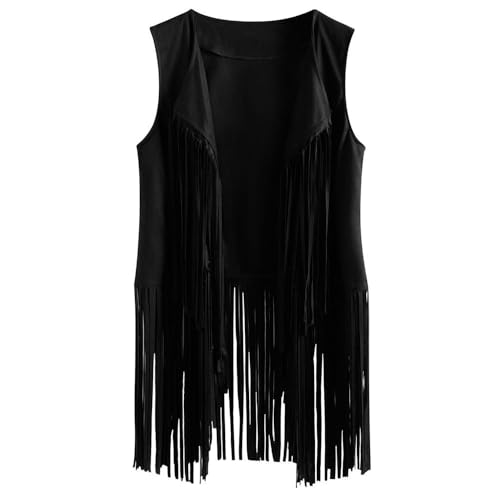 BrightGlow Damen Fransen Weste 70er Jahre Ärmellose Vintage Hippie Jacke Lange mit Quasten Cardigan Gilet für Frauen Kostüm Schwarz XL von BrightGlow