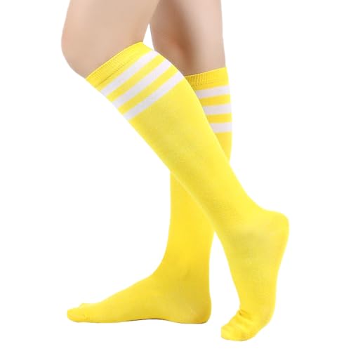 BrightGlow Damen Kniestrümpfe Damen Overknee Sockenn Hohe Retro Socken mit Streifen Lange Oberschenkel Hohe Socken Gestreifte Strümpfe Damen-Socken Sportsocken Gelb#2 Einheitsgröße von BrightGlow
