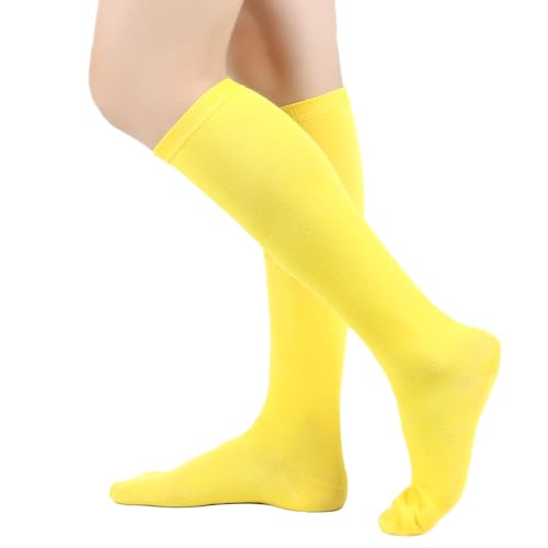 BrightGlow Damen Kniestrümpfe Damen Overknee Sockenn Hohe Retro Socken mit Streifen Lange Oberschenkel Hohe Socken Gestreifte Strümpfe Damen-Socken Sportsocken Gelb Einheitsgröße von BrightGlow