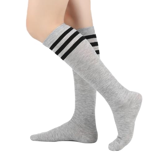 BrightGlow Damen Kniestrümpfe Damen Overknee Sockenn Hohe Retro Socken mit Streifen Lange Oberschenkel Hohe Socken Gestreifte Strümpfe Damen-Socken Sportsocken Hellgrau Einheitsgröße von BrightGlow