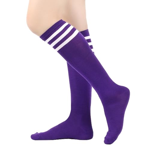 BrightGlow Damen Kniestrümpfe: Lila, Einheitsgröße, Overknee, Retro, Gestreifte Socken - 1 Paar von BrightGlow