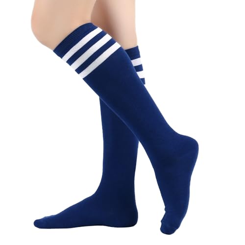 BrightGlow Damen Kniestrümpfe Damen Overknee Sockenn Hohe Retro Socken mit Streifen Lange Oberschenkel Hohe Socken Gestreifte Strümpfe Damen-Socken Sportsocken Marineblau# Einheitsgröße von BrightGlow