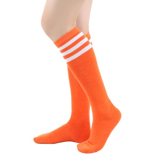BrightGlow Damen Kniestrümpfe Damen Overknee Sockenn Hohe Retro Socken mit Streifen Lange Oberschenkel Hohe Socken Gestreifte Strümpfe Damen-Socken Sportsocken Orange#1 Einheitsgröße von BrightGlow