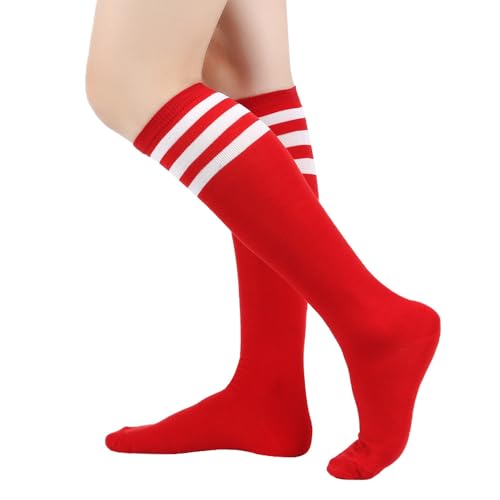 BrightGlow Damen Kniestrümpfe Damen Overknee Sockenn Hohe Retro Socken mit Streifen Lange Oberschenkel Hohe Socken Gestreifte Strümpfe Damen-Socken Sportsocken Rot Einheitsgröße von BrightGlow
