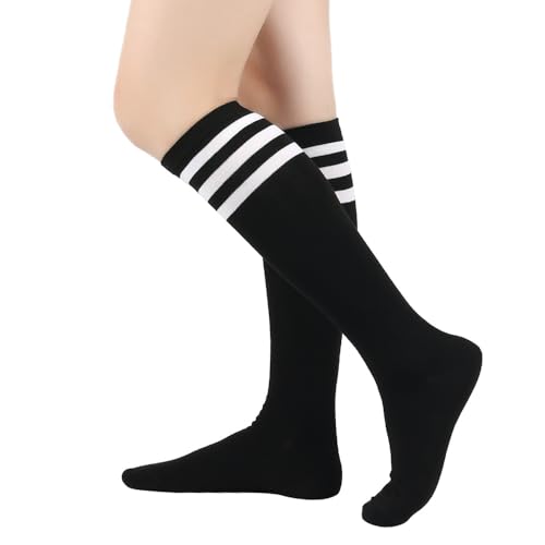 BrightGlow Damen Kniestrümpfe: Retro Socken mit Streifen, Lange Oberschenkel, Schwarz#1 Einheitsgröße von BrightGlow