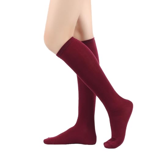 BrightGlow Damen Kniestrümpfe Damen Overknee Sockenn Hohe Retro Socken mit Streifen Lange Oberschenkel Hohe Socken Gestreifte Strümpfe Damen-Socken Sportsocken Weinrot Einheitsgröße von BrightGlow