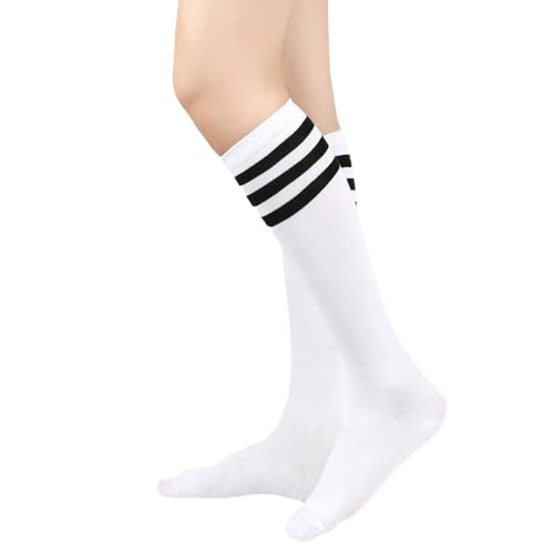 BrightGlow Damen Kniestrümpfe Damen Overknee Sockenn Hohe Retro Socken mit Streifen Lange Oberschenkel Hohe Socken Gestreifte Strümpfe Damen-Socken Sportsocken Weiß#2 Einheitsgröße von BrightGlow