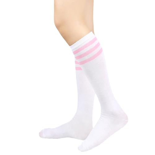 BrightGlow Damen Kniestrümpfe Damen Overknee Sockenn Hohe Retro Socken mit Streifen Lange Oberschenkel Hohe Socken Gestreifte Strümpfe Damen-Socken Sportsocken Weiß#5 Einheitsgröße von BrightGlow